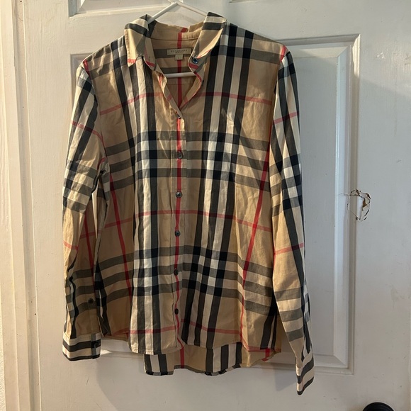 Burberry Tops - Burberry Beige Plaid Button-Down Shirt with Black and Red Accents